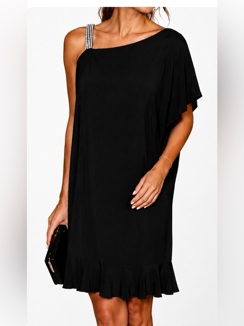 Elegant One-Shoulder Black Dress with Rhinestone Strap